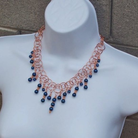 Handmad Blue Faux Pearl Statement Necklace With Copper Coated Brass Hoop Chains - Picture 2 of 6